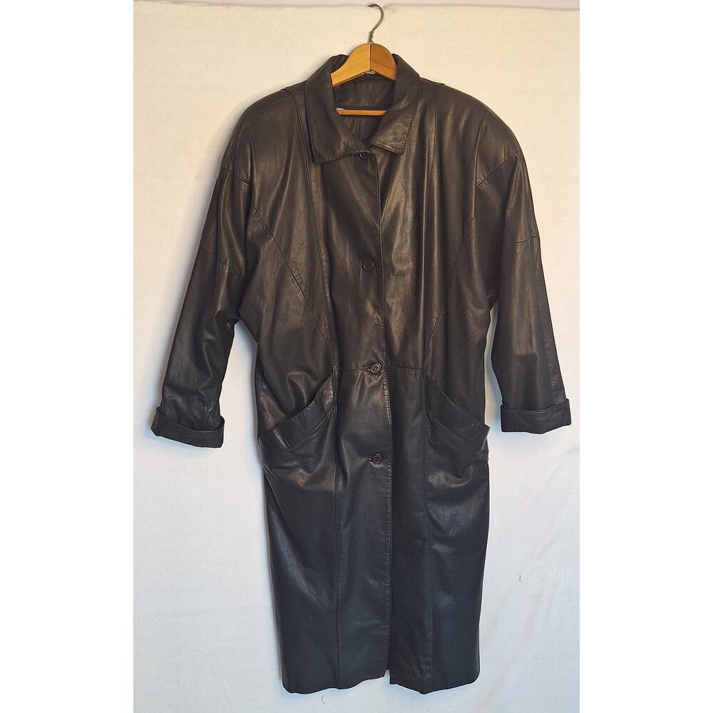Vtg Georgetown Leather Design Trench Coat Womens Sz L Garment Bag Hanger Goth